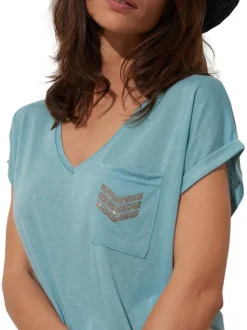 T-shirt ciel uni avec un col v une coupe droite et des manches courtes