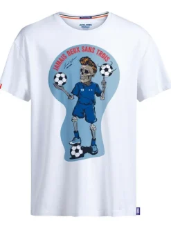 T-shirt col rond en coton blanc avec squelette dans le thème du football et slogan floqué à l'avant