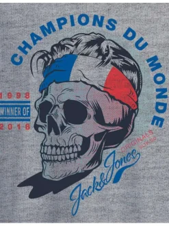 T-shirt col rond en coton gris chiné avec tête de mort floquée sur le thème de la coupe du monde