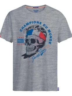 T-shirt col rond en coton gris chiné avec tête de mort floquée sur le thème de la coupe du monde