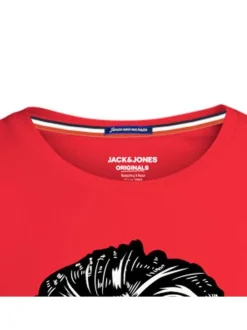 T-shirt col rond en coton rouge avec design footballistique et tête de mort floqué à la poitrine
