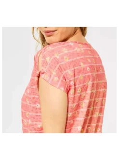 T-shirt corail pour femme avec imprimé floral et rayures coupe droite