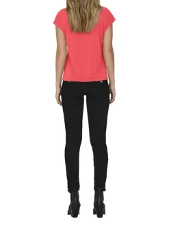 T-shirt corail uni avec une coupe ample et un col v en lurex