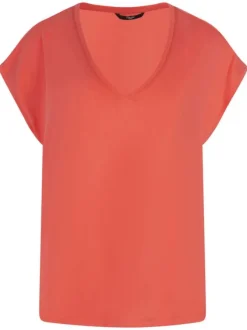 T-shirt corail uni avec une coupe droite fluide et un col v à manches courtes