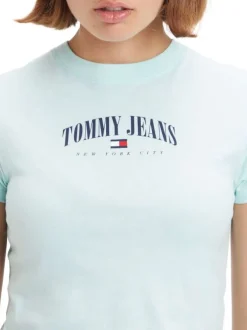 T-shirt coupe courte moulante turquoise à imprimé poitrine et col rond