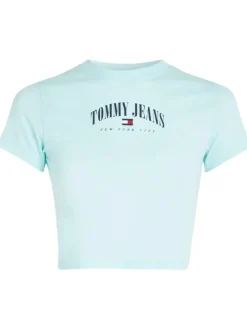 T-shirt coupe courte moulante turquoise à imprimé poitrine et col rond