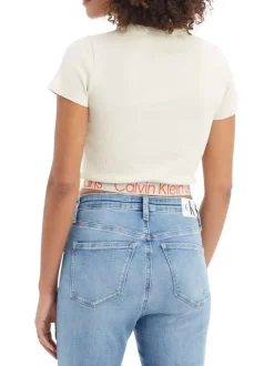 T-shirt cropped en coton écru à col rond avec logo orange sur l'ourlet inférieur