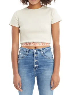 T-shirt cropped en coton écru à col rond avec logo orange sur l'ourlet inférieur
