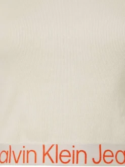 T-shirt cropped en coton écru à col rond avec logo orange sur l'ourlet inférieur