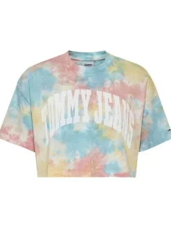 T-shirt cropped multicolore en coton biologique col rond et manches courtes coupe oversize