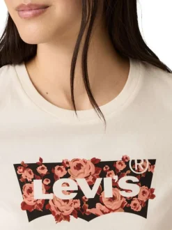 T-shirt écru en coton avec motif floral de la marque et col rond