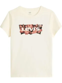 T-shirt écru en coton avec motif floral de la marque et col rond
