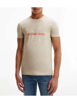 T-shirt écru en coton biologique uni coupe droite avec gros logo col rond