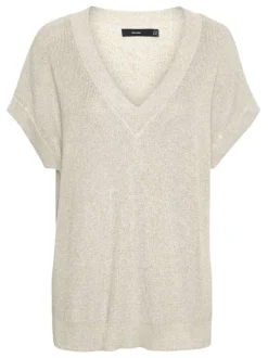 T-shirt écru pailleté à coupe droite col v et à manches courtes