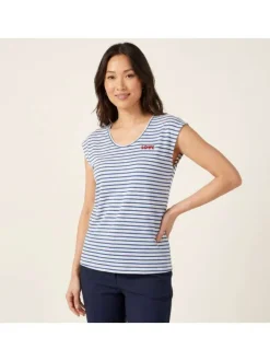 T-shirt écru pourvu de rayures bleues horizontales et d'un col rond