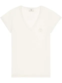 T-shirt écru pourvu d'un col v et du logo de la marque brillant