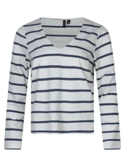 T-shirt écru à rayures avec une coupe droite et des manches longues