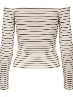 T-shirt écru à rayures col bateau et manches longues avec boutons