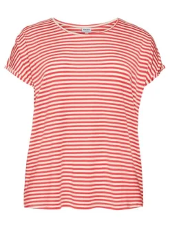 T-shirt écru à rayures rouges avec un col rond et à manches courtes
