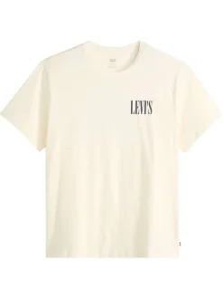 T-shirt écru uni avec un col rond et logos de la marque à l'avant et dans le dos