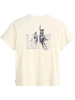 T-shirt écru uni avec un col rond et logos de la marque à l'avant et dans le dos