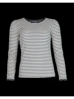 T-shirt écru uni avec une coupe droite à col rond et de la dentelle