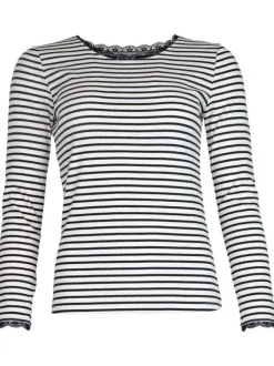 T-shirt écru uni avec une coupe droite à col rond et de la dentelle