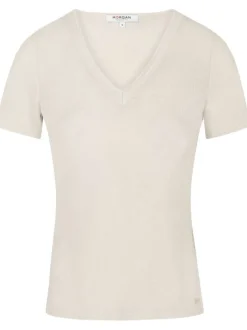 T-shirt écru uni avec une coupe droite à col v et des manches courtes