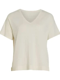 T-shirt écru uni en maille jersey avec une coupe droite et un col v