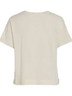 T-shirt écru uni en maille jersey avec une coupe droite et un col v