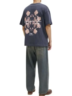 T-shirt en coton anthracite imprimé avec une coupe droite et un col rond