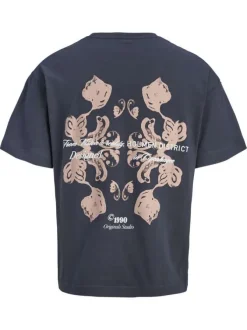 T-shirt en coton anthracite imprimé avec une coupe droite et un col rond
