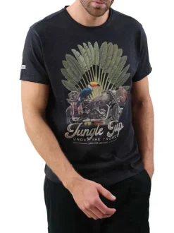 T-shirt en coton anthracite imprimé jungle avec une coupe droite et un col rond