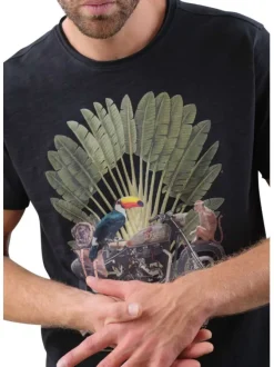 T-shirt en coton anthracite imprimé jungle avec une coupe droite et un col rond