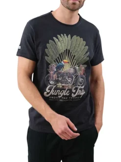 T-shirt en coton anthracite imprimé jungle avec une coupe droite et un col rond