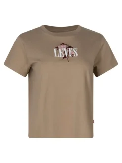 T-shirt en coton beige à coupe droite brodé à l'avant pourvu d'un col rond