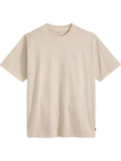 T-shirt en coton beige à coupe droite pourvu d'un col rond finement côtelé