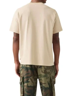 T-shirt en coton beige à coupe droite pourvu d'un col rond finement côtelé
