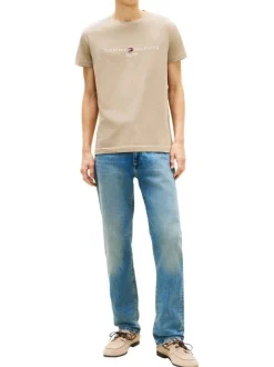 T-shirt en coton beige à coupe droite pourvu d'un col rond finement côtelé