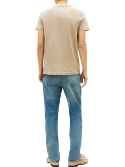 T-shirt en coton beige à coupe droite pourvu d'un col rond finement côtelé