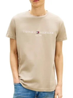 T-shirt en coton beige à coupe droite pourvu d'un col rond finement côtelé