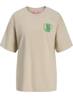 T-shirt en coton beige imprimé au dos à coupe oversize et col rond