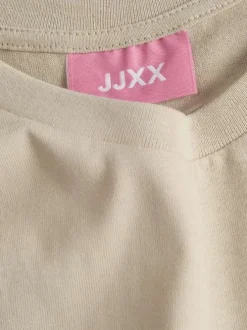 T-shirt en coton beige imprimé au dos à coupe oversize et col rond