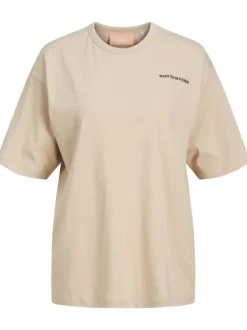 T-shirt en coton beige imprimé avec une coupe droite et un col rond