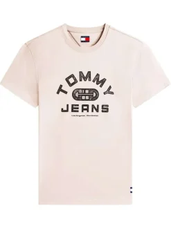 T-shirt en coton beige imprimé avec une coupe droite et un col rond