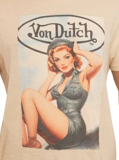 T-shirt en coton beige imprimé avec une coupe droite et un col rond