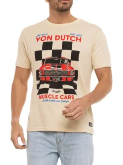 T-shirt en coton beige imprimé avec une coupe droite et un col rond