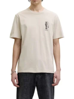 T-shirt en coton beige imprimé avec une coupe droite et un col rond