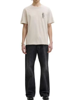 T-shirt en coton beige imprimé avec une coupe droite et un col rond