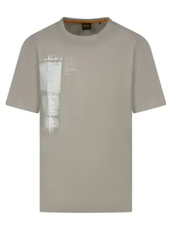 T-shirt en coton beige imprimé avec une coupe droite et un col rond